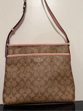 Coach Brown Signature Canvas Crossbody with Pink Trim